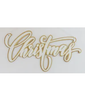 letrero christmas cursiva blanco/madera en madera 40x20 cm