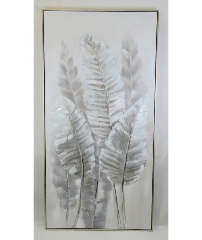 cuadro rectangular white hojas plata 1.42x7cm