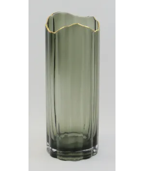 florero grande cristal  borde dorado 30x12 cm