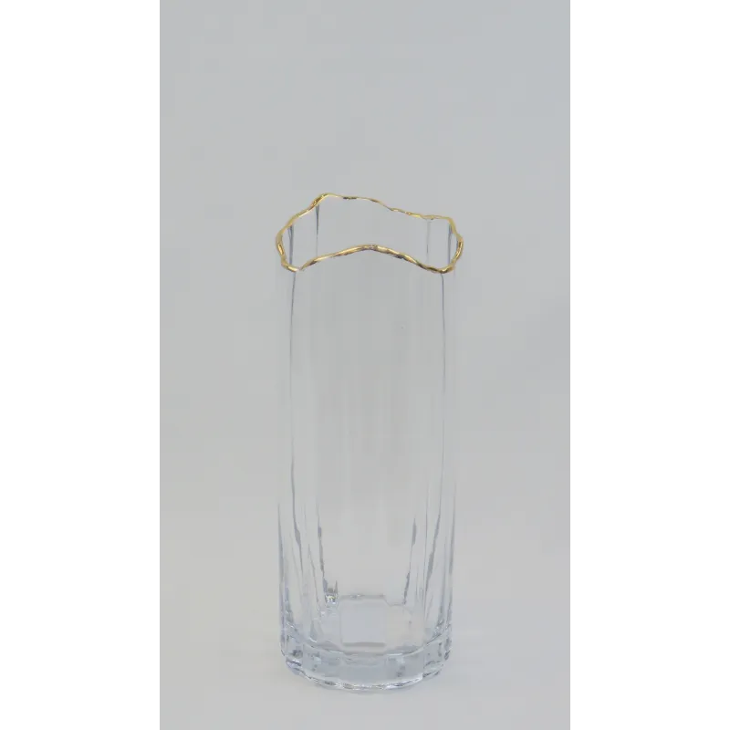 florero cristal alto transparente borde dorado 29*12cm