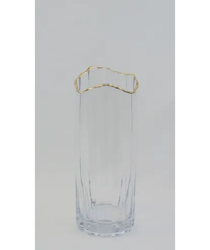 florero cristal alto transparente borde dorado 29*12cm